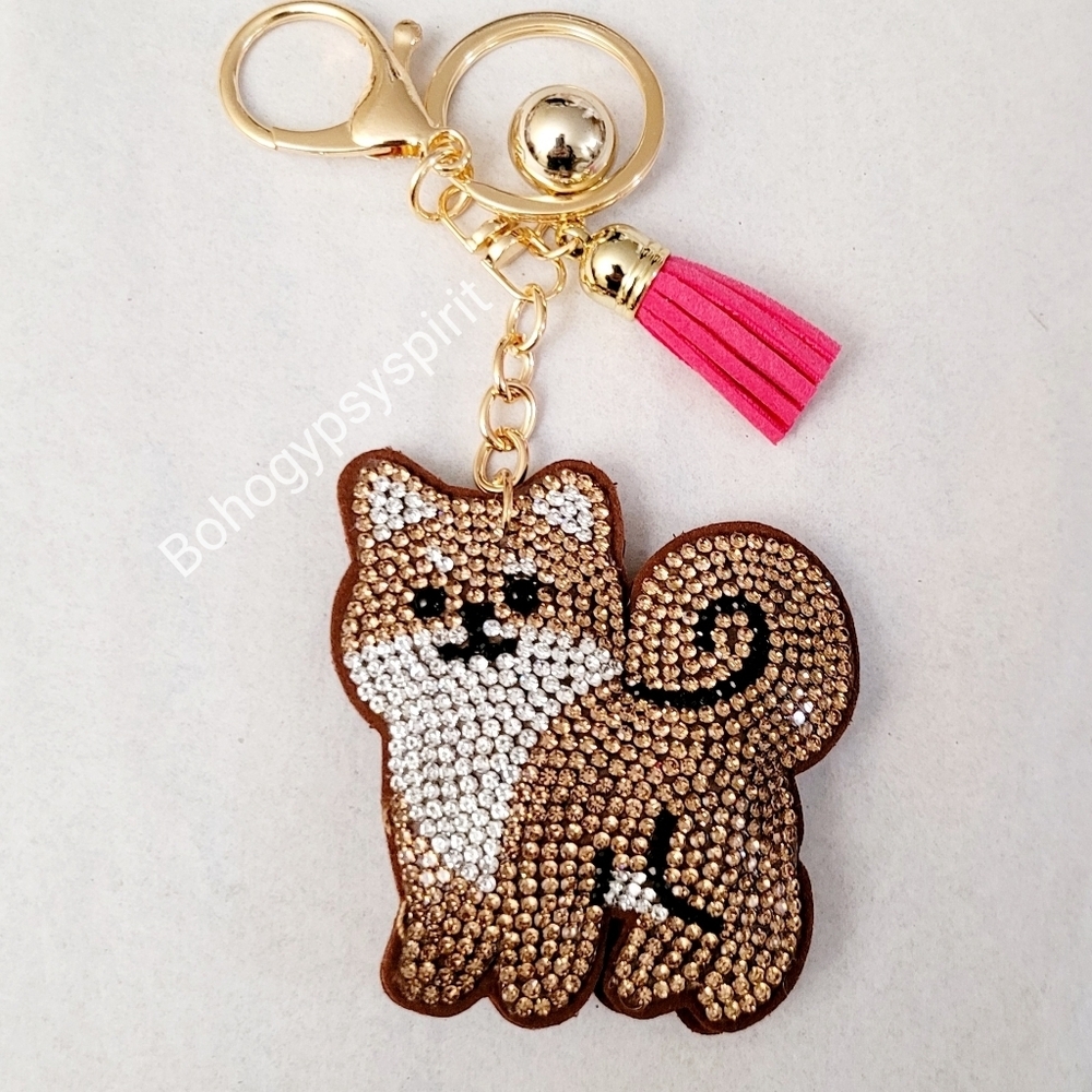 Bling Shibu Dog Crystal Rhinestone Keychain Bag Charm With Pink Tassel